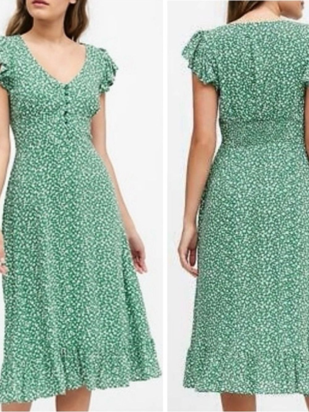Banana Republic Green Floral V-Neck Midi Dress with Ruffle Sleeves